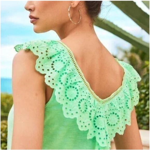 Lilly Pulitzer Plaza Top Green Sleeveless Ruffled Eyelet Collar Tank Size Small - Picture 3 of 8